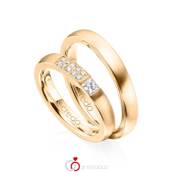 Set klassieke trouwringen in roségoud 14 kt. met in totaal 0,25 ct. Princess-Diamant & Briljant tw/si van acredo - A-1292-4 Set klassieke trouwringen in roségoud 14 kt. met in totaal 0,25 ct. Princess-Diamant & Briljant tw/si van acredo - A-1292-4