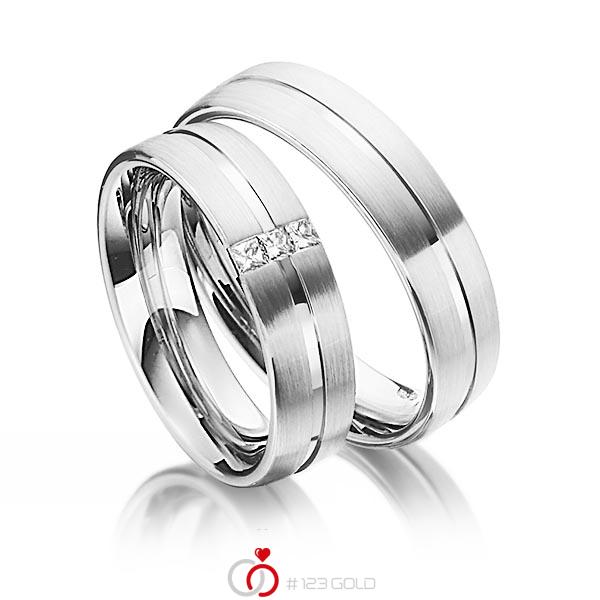Set Klassieke trouwringen in witgoud 14 kt. met in totaal 0,09 ct. Princess-Diamant tw/si van Steinberg - Q-1344-11 Set Klassieke trouwringen in witgoud 14 kt. met in totaal 0,09 ct. Princess-Diamant tw/si van Steinberg - Q-1344-11