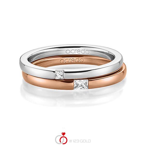 Set klassieke trouwringen in witgoud 14 kt. met in totaal 0,1 ct. Princess-Diamant & Baguette-Diamant tw/si tw,vs van acredo - A-1395-1 Set klassieke trouwringen in witgoud 14 kt. met in totaal 0,1 ct. Princess-Diamant & Baguette-Diamant tw/si tw,vs van acredo - A-1395-1