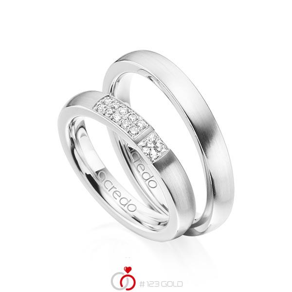 Set klassieke trouwringen in witgoud 14 kt. met in totaal 0,25 ct. Princess-Diamant & Briljant tw/si van acredo - A-1292-1 Set klassieke trouwringen in witgoud 14 kt. met in totaal 0,25 ct. Princess-Diamant & Briljant tw/si van acredo - A-1292-1