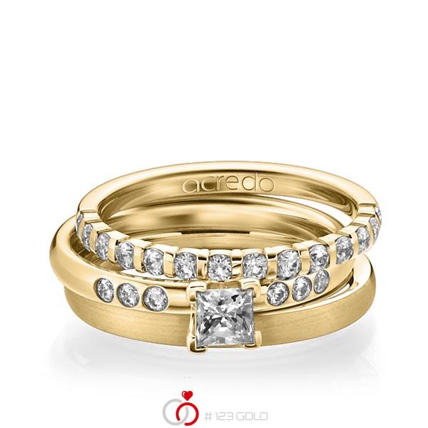Triset in Gelbgold 585 halbausgefasst mit 0,4 ct. + zus. 0,42 ct. Brillant & Prinzess-Diamant tw, vs tw, si von acredo - A-1229-2 Triset in Gelbgold 585 halbausgefasst mit 0,4 ct. + zus. 0,42 ct. Brillant & Prinzess-Diamant tw, vs tw, si von acredo - A-1229-2