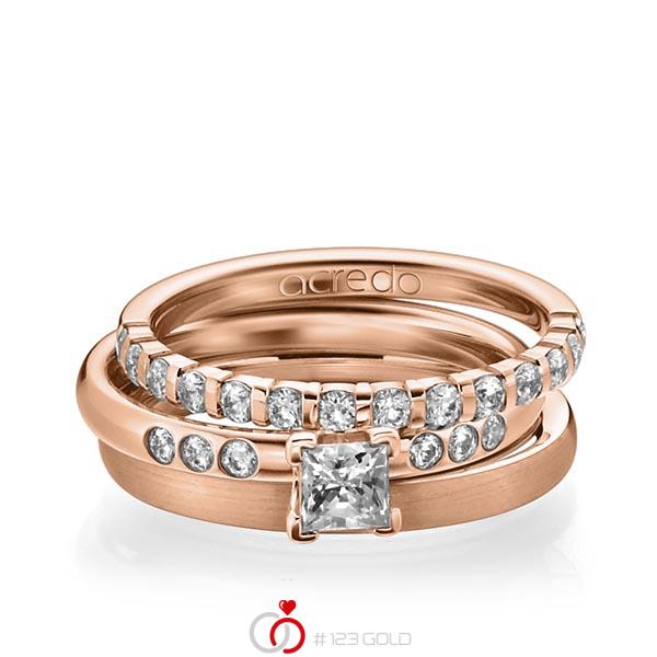 Triset in roodgoud 14 kt. half gezet met 0,4 ct. + in totaal 0,42 ct. Briljant & Princess-Diamant tw,vs tw/si van acredo - A-1229-3 Triset in roodgoud 14 kt. half gezet met 0,4 ct. + in totaal 0,42 ct. Briljant & Princess-Diamant tw,vs tw/si van acredo - A-1229-3