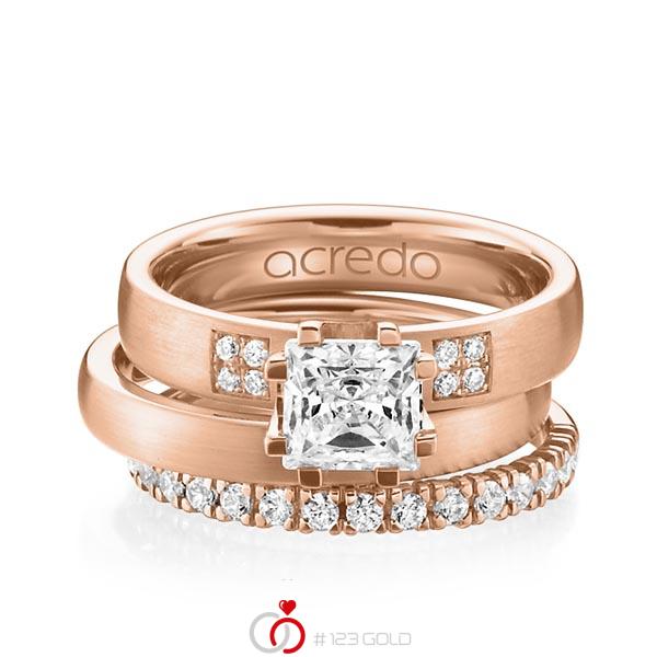Triset in roodgoud 14 kt. met 1 ct. + in totaal 0,684 ct. Princess-Diamant & Briljant tw,vs tw/si van acredo - A-1234-2 Triset in roodgoud 14 kt. met 1 ct. + in totaal 0,684 ct. Princess-Diamant & Briljant tw,vs tw/si van acredo - A-1234-2