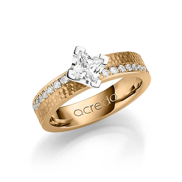 klassischer Trauring/Ehering in Roségold 585 gehämmert Struktur mit 0,5 ct. + zus. 0,54 ct. Prinzess-Diamant & Brillant tw, vs tw, si von acredo - A-1247-17