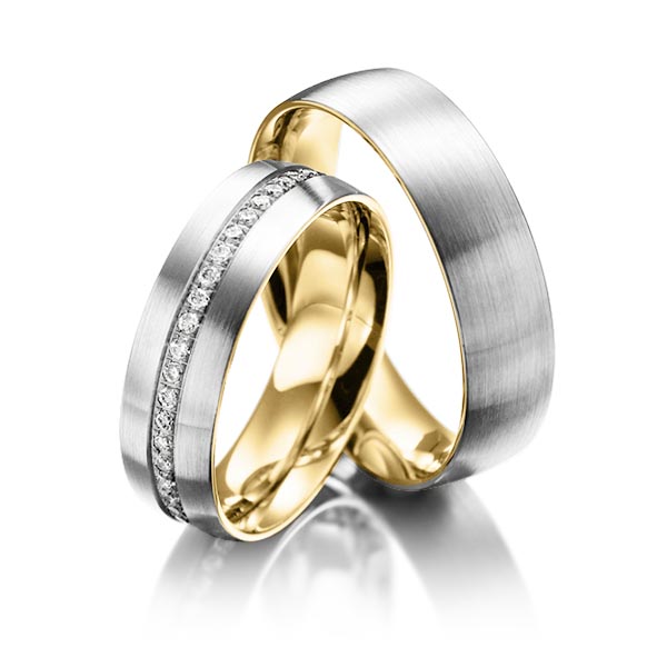 Paar bicolor Memoire-Trauringe/Eheringe in außen Weißgold 585 , innen Gelbgold 585 halbausgefasst mit zus. 0,23 ct. Brillant tw, si von Steinberg - Q-1217-1 Paar bicolor Memoire-Trauringe/Eheringe in außen Weißgold 585 , innen Gelbgold 585 halbausgefasst mit zus. 0,23 ct. Brillant tw, si von Steinberg - Q-1217-1