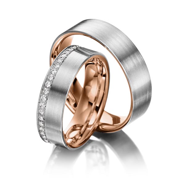 Paar bicolor Memoire-Trauringe/Eheringe in aussen Weissgold 585 , innen Rotgold 585 vollausgefasst mit zus. 0,46 ct. Brillant tw, si von Steinberg - Q-1257-2 Paar bicolor Memoire-Trauringe/Eheringe in aussen Weissgold 585 , innen Rotgold 585 vollausgefasst mit zus. 0,46 ct. Brillant tw, si von Steinberg - Q-1257-2