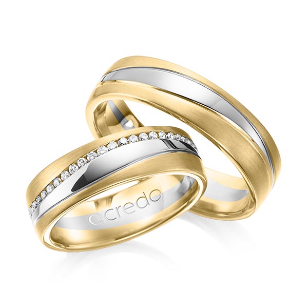 Paar bicolor Memoire-Trauringe/Eheringe in Gelbgold 585 Weißgold 585 vollausgefasst mit zus. 0,4 ct. Brillant tw, si von acredo - A-1153-13 Paar bicolor Memoire-Trauringe/Eheringe in Gelbgold 585 Weißgold 585 vollausgefasst mit zus. 0,4 ct. Brillant tw, si von acredo - A-1153-13
