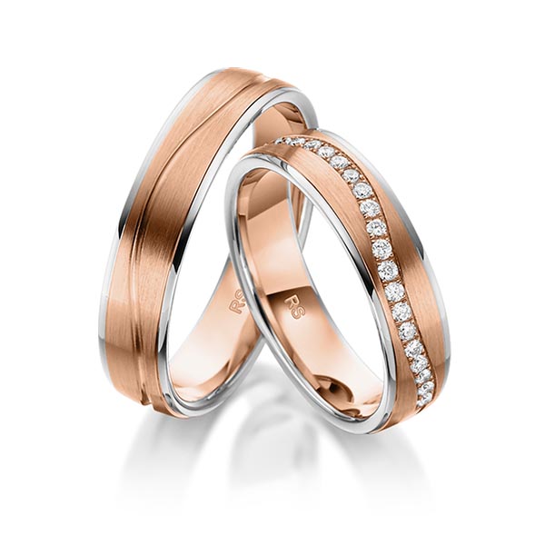 Paar bicolor Memoire-Trauringe/Eheringe in Graugold 585 Rotgold 585 halbausgefasst mit zus. 0,22 ct. Brillant tw, si von acredo - S-1188-2 Paar bicolor Memoire-Trauringe/Eheringe in Graugold 585 Rotgold 585 halbausgefasst mit zus. 0,22 ct. Brillant tw, si von acredo - S-1188-2