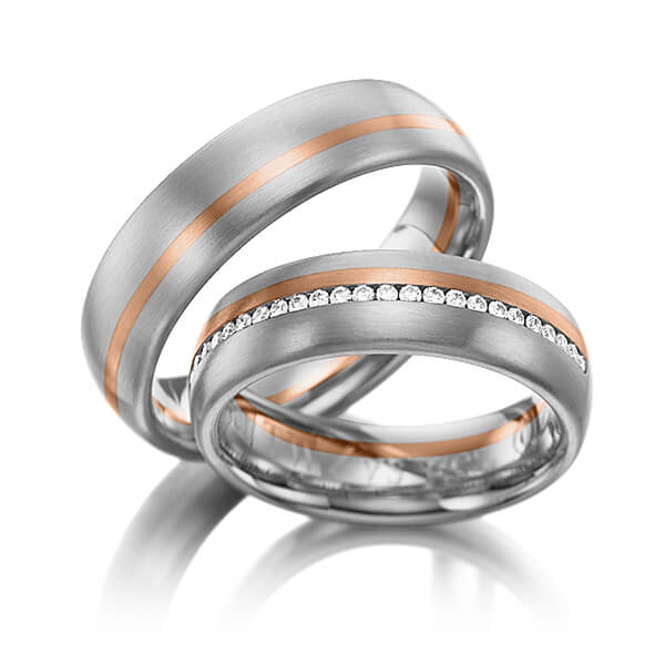 Paar bicolor Memoire-Trauringe/Eheringe in Graugold 585 Rotgold 585 vollausgefasst mit zus. 0,392 ct. Brillant tw, si von 123gold - Y-1003-4 Paar bicolor Memoire-Trauringe/Eheringe in Graugold 585 Rotgold 585 vollausgefasst mit zus. 0,392 ct. Brillant tw, si von 123gold - Y-1003-4
