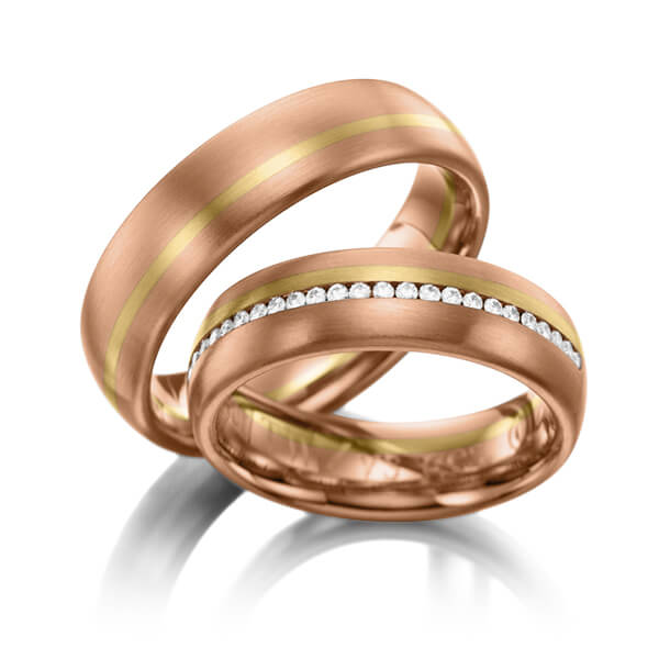 Paar bicolor Memoire-Trauringe/Eheringe in Rotgold 585 Gelbgold 585 vollausgefasst mit zus. 0,392 ct. Brillant tw, si von 123gold - Y-1003-14 Paar bicolor Memoire-Trauringe/Eheringe in Rotgold 585 Gelbgold 585 vollausgefasst mit zus. 0,392 ct. Brillant tw, si von 123gold - Y-1003-14