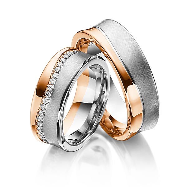 Paar bicolor Memoire-Trauringe/Eheringe in Rotgold 585 Graugold 585 vollausgefasst mit zus. 0,47 ct. Brillant tw, si von Steinberg - Q-1193-1 Paar bicolor Memoire-Trauringe/Eheringe in Rotgold 585 Graugold 585 vollausgefasst mit zus. 0,47 ct. Brillant tw, si von Steinberg - Q-1193-1