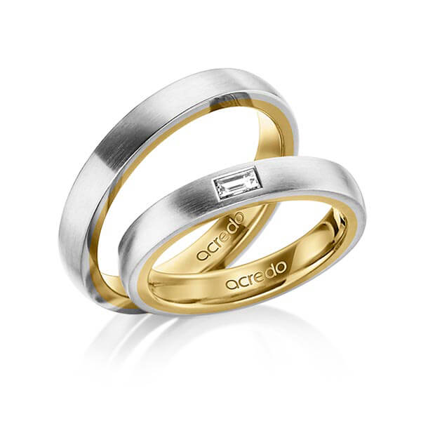 Paar bicolor Trauringe/Eheringe in außen Graugold 585 , innen Gelbgold 585 mit zus. 0,15 ct. Baguette-Diamant tw, vs von acredo - A-1467-2 Paar bicolor Trauringe/Eheringe in außen Graugold 585 , innen Gelbgold 585 mit zus. 0,15 ct. Baguette-Diamant tw, vs von acredo - A-1467-2