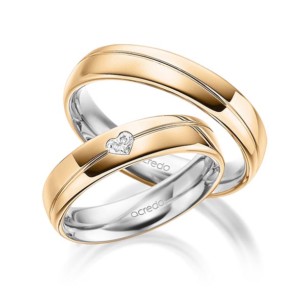 Paar bicolor Trauringe/Eheringe in außen Roségold 585 , innen Graugold 585 mit zus. 0,1 ct. Herz-Diamant tw, vs von acredo - A-1805-1