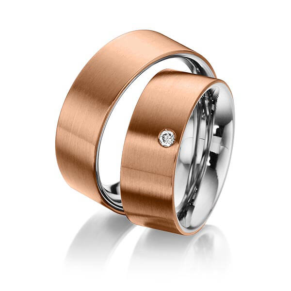 Paar bicolor Trauringe/Eheringe in außen Rotgold 585 , innen Edelstahl mit zus. 0,05 ct. Brillant tw, si von 123gold - Y-1289-2 Paar bicolor Trauringe/Eheringe in außen Rotgold 585 , innen Edelstahl mit zus. 0,05 ct. Brillant tw, si von 123gold - Y-1289-2