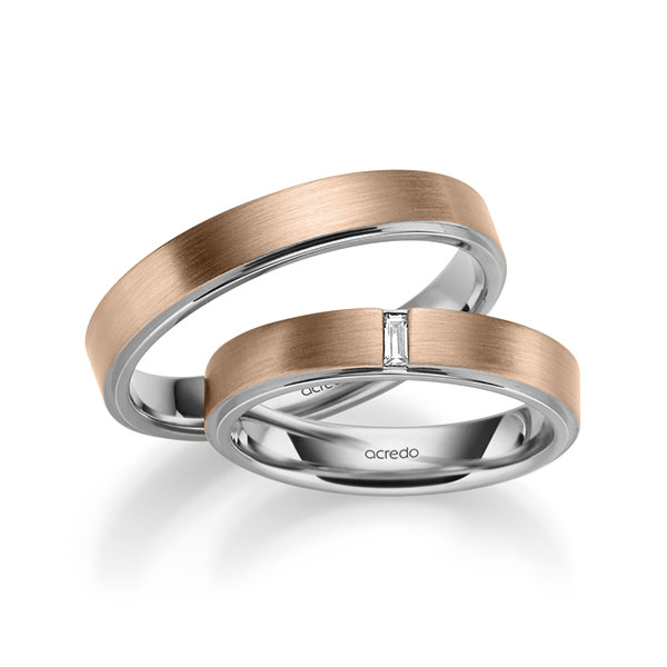 Paar bicolor Trauringe/Eheringe in außen Rotgold 585 , innen Graugold 585 mit zus. 0,06 ct. Baguette-Diamant tw, vs von acredo - A-1054-16 Paar bicolor Trauringe/Eheringe in außen Rotgold 585 , innen Graugold 585 mit zus. 0,06 ct. Baguette-Diamant tw, vs von acredo - A-1054-16