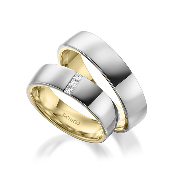 Paar bicolor Trauringe/Eheringe in außen Weißgold 585 , innen Gelbgold 585 mit zus. 0,09 ct. Prinzess-Diamant tw, si von acredo - A-2009-10 Paar bicolor Trauringe/Eheringe in außen Weißgold 585 , innen Gelbgold 585 mit zus. 0,09 ct. Prinzess-Diamant tw, si von acredo - A-2009-10