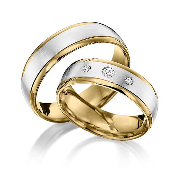 Paar bicolor Trauringe/Eheringe in Gelbgold 375 Weißgold 375 mit zus. 0,08 ct. Brillant tw, si von Steinberg - Q-1398-1 Paar bicolor Trauringe/Eheringe in Gelbgold 375 Weißgold 375 mit zus. 0,08 ct. Brillant tw, si von Steinberg - Q-1398-1