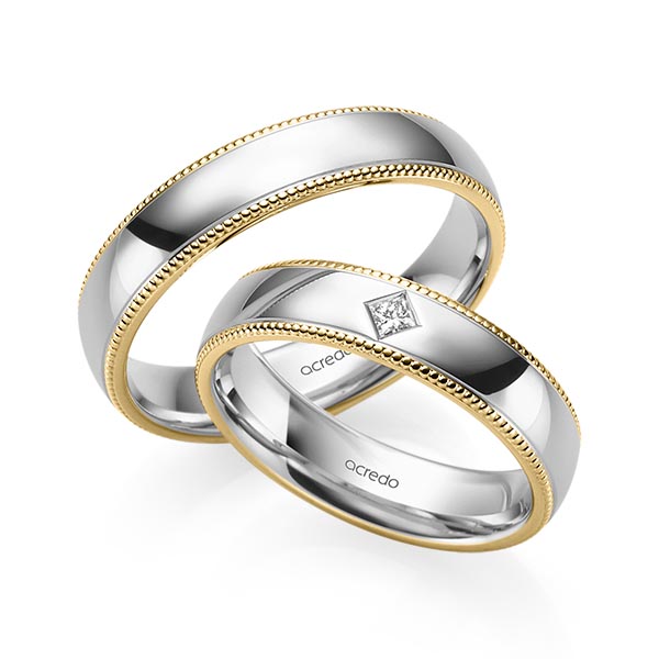 Paar bicolor Trauringe/Eheringe in Gelbgold 585 Graugold 585 mit zus. 0,05 ct. Prinzess-Diamant tw, si von acredo - S-1240-10 Paar bicolor Trauringe/Eheringe in Gelbgold 585 Graugold 585 mit zus. 0,05 ct. Prinzess-Diamant tw, si von acredo - S-1240-10