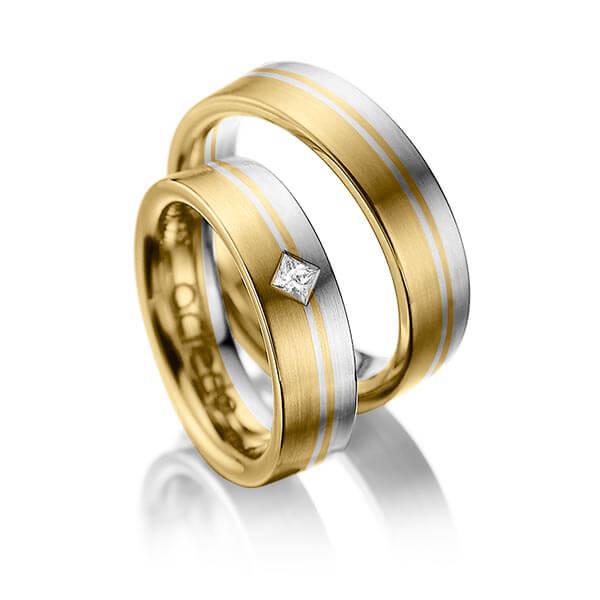 Paar bicolor Trauringe/Eheringe in Gelbgold 585 Graugold 585 mit zus. 0,1 ct. Prinzess-Diamant tw, si von acredo - A-1020-1 Paar bicolor Trauringe/Eheringe in Gelbgold 585 Graugold 585 mit zus. 0,1 ct. Prinzess-Diamant tw, si von acredo - A-1020-1