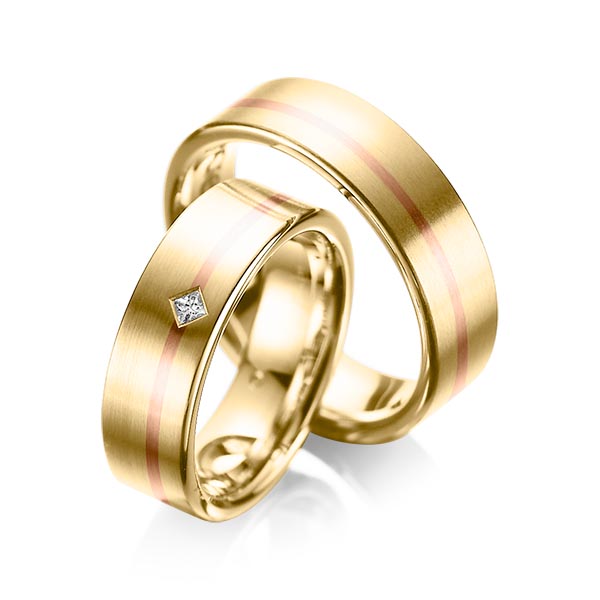 Paar bicolor Trauringe/Eheringe in Gelbgold 585 Rotgold 585 mit zus. 0,03 ct. Prinzess-Diamant tw, si von acredo - A-1060-1