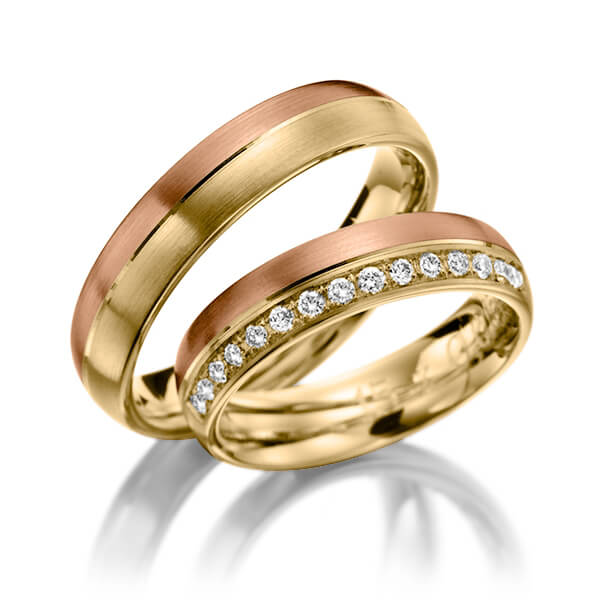 Paar bicolor Trauringe/Eheringe in Gelbgold 585 Rotgold 585 mit zus. 0,225 ct. Brillant tw, si von Steinberg - Q-1200-17 Paar bicolor Trauringe/Eheringe in Gelbgold 585 Rotgold 585 mit zus. 0,225 ct. Brillant tw, si von Steinberg - Q-1200-17