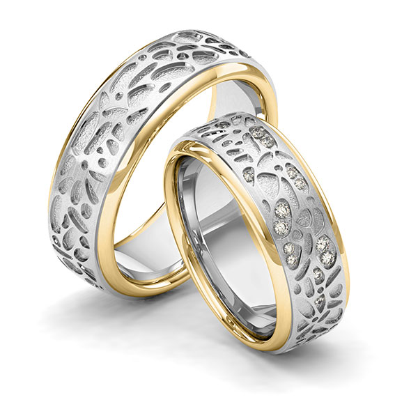 Paar bicolor Trauringe/Eheringe in Gelbgold 585 Weißgold 585 Laser Struktur mit zus. 0,1 ct. Brillant tw, si von 123gold - Y-1389-10 Paar bicolor Trauringe/Eheringe in Gelbgold 585 Weißgold 585 Laser Struktur mit zus. 0,1 ct. Brillant tw, si von 123gold - Y-1389-10