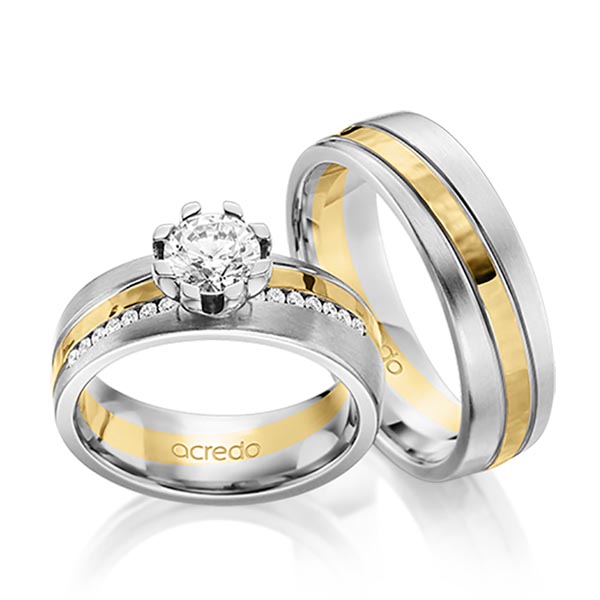Paar bicolor Trauringe/Eheringe in Graugold 585 Gelbgold 585 , gehämmert Struktur mit 0,7 ct. + zus. 0,14 ct. Brillant tw, vs von acredo - A-1632-2 Paar bicolor Trauringe/Eheringe in Graugold 585 Gelbgold 585 , gehämmert Struktur mit 0,7 ct. + zus. 0,14 ct. Brillant tw, vs von acredo - A-1632-2