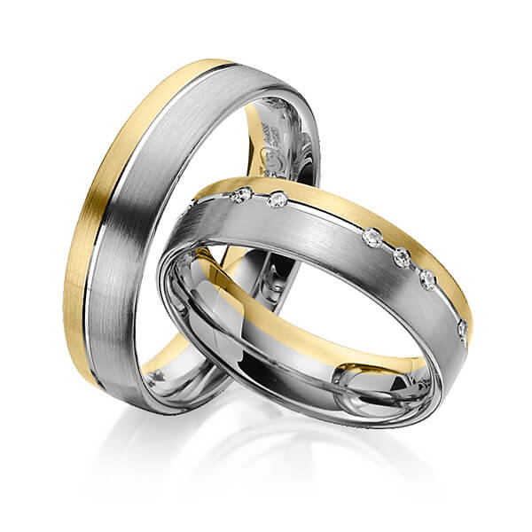 Paar bicolor Trauringe/Eheringe in Graugold dunkel 585 Gelbgold 585 mit zus. 0,14 ct. Brillant tw, si von Steinberg - Q-1333-12 Paar bicolor Trauringe/Eheringe in Graugold dunkel 585 Gelbgold 585 mit zus. 0,14 ct. Brillant tw, si von Steinberg - Q-1333-12