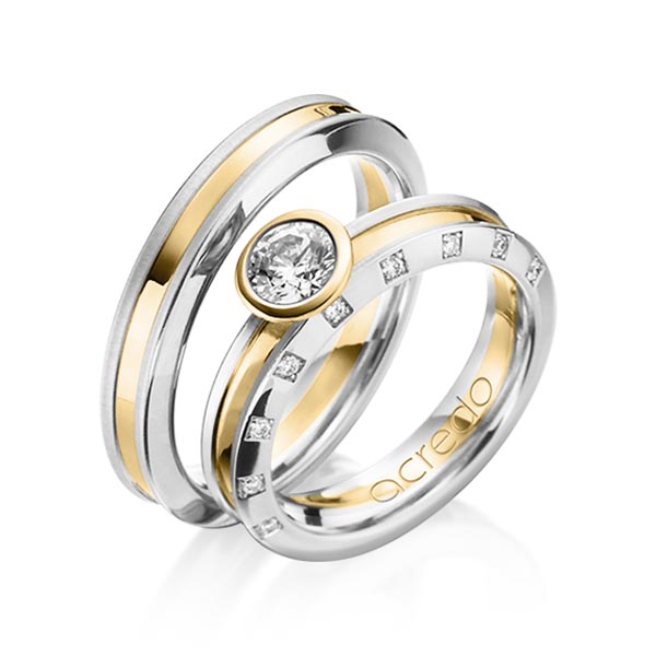 Paar bicolor Trauringe/Eheringe in Platin 950 Gelbgold 750 mit 0,5 ct. + zus. 0,09 ct. Brillant tw, vs tw, si von acredo - A-1200-2