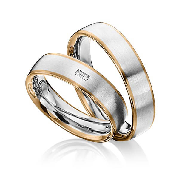 Paar bicolor Trauringe/Eheringe in Roségold 585 Edelstahl mit zus. 0,06 ct. Baguette-Diamant tw, vs von 123GOLD - Y-1285-1 Paar bicolor Trauringe/Eheringe in Roségold 585 Edelstahl mit zus. 0,06 ct. Baguette-Diamant tw, vs von 123GOLD - Y-1285-1