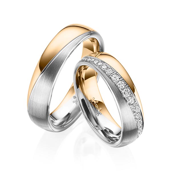 Paar bicolor Trauringe/Eheringe in Roségold 585 Graugold 585 mit zus. 0,652 ct. Brillant tw, si von Steinberg - Q-1577-9 Paar bicolor Trauringe/Eheringe in Roségold 585 Graugold 585 mit zus. 0,652 ct. Brillant tw, si von Steinberg - Q-1577-9