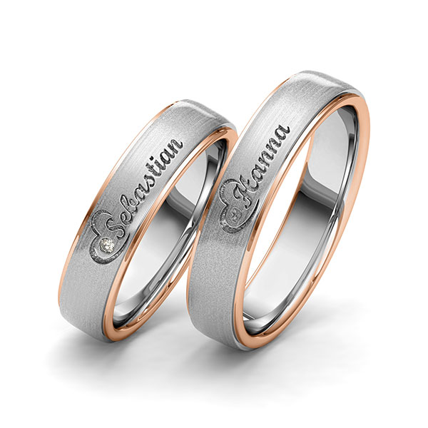 Paar bicolor Trauringe/Eheringe in Rotgold 585 Graugold 585 Herz mit zus. 0,01 ct. Brillant tw, si von 123gold - Y-1415-12 Paar bicolor Trauringe/Eheringe in Rotgold 585 Graugold 585 Herz mit zus. 0,01 ct. Brillant tw, si von 123gold - Y-1415-12
