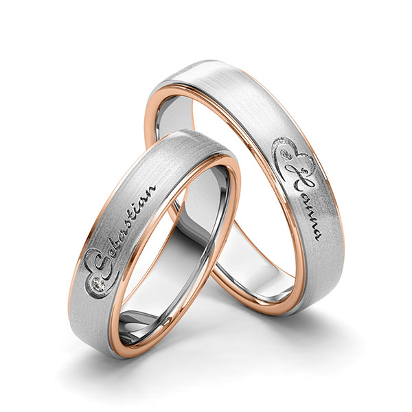 Paar bicolor Trauringe/Eheringe in Rotgold 585 Graugold 585 Herz mit zus. 0,01 ct. Brillant tw, si von 123gold - Y-1415-22 Paar bicolor Trauringe/Eheringe in Rotgold 585 Graugold 585 Herz mit zus. 0,01 ct. Brillant tw, si von 123gold - Y-1415-22