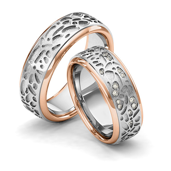 Paar bicolor Trauringe/Eheringe in Rotgold 585 Graugold 585 Laser Struktur mit zus. 0,1 ct. Brillant tw, si von 123gold - Y-1389-3 Paar bicolor Trauringe/Eheringe in Rotgold 585 Graugold 585 Laser Struktur mit zus. 0,1 ct. Brillant tw, si von 123gold - Y-1389-3