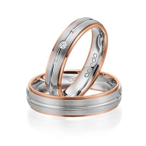 Paar bicolor Trauringe/Eheringe in Rotgold 585 Graugold 585 mit zus. 0,04 ct. Brillant tw, si von acredo - A-3015-12 Paar bicolor Trauringe/Eheringe in Rotgold 585 Graugold 585 mit zus. 0,04 ct. Brillant tw, si von acredo - A-3015-12