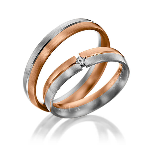 Paar bicolor Trauringe/Eheringe in Rotgold 585 Graugold dunkel 585 mit zus. 0,03 ct. Prinzess-Diamant tw, si von 123GOLD - Y-1036-16 Paar bicolor Trauringe/Eheringe in Rotgold 585 Graugold dunkel 585 mit zus. 0,03 ct. Prinzess-Diamant tw, si von 123GOLD - Y-1036-16