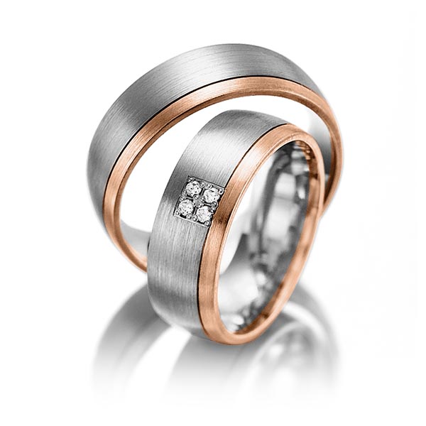 Paar bicolor Trauringe/Eheringe in Rotgold 585 Palladium 585 mit zus. 0,04 ct. Brillant tw, si von Steinberg - Q-1242-1 Paar bicolor Trauringe/Eheringe in Rotgold 585 Palladium 585 mit zus. 0,04 ct. Brillant tw, si von Steinberg - Q-1242-1
