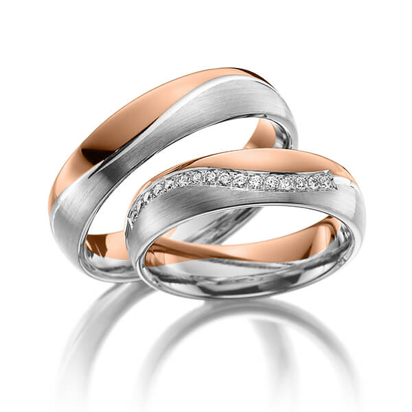 Paar bicolor Trauringe/Eheringe in Rotgold 585 Platin 600 mit zus. 0,16 ct. Brillant tw, si von Steinberg - Q-1139-1 Paar bicolor Trauringe/Eheringe in Rotgold 585 Platin 600 mit zus. 0,16 ct. Brillant tw, si von Steinberg - Q-1139-1