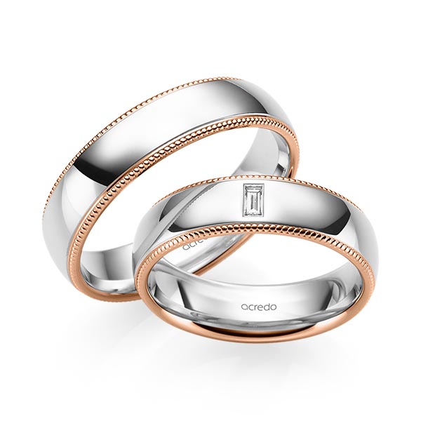 Paar bicolor Trauringe/Eheringe in Rotgold 585 Weißgold 585 mit zus. 0,05 ct. Baguette-Diamant tw, vs von acredo - S-1241-3 Paar bicolor Trauringe/Eheringe in Rotgold 585 Weißgold 585 mit zus. 0,05 ct. Baguette-Diamant tw, vs von acredo - S-1241-3