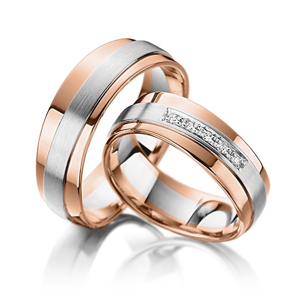 Paar bicolor Trauringe/Eheringe in Rotgold 585 Weißgold 585 mit zus. 0,05 ct. Brillant tw, si von Steinberg - T-1126-10 Paar bicolor Trauringe/Eheringe in Rotgold 585 Weißgold 585 mit zus. 0,05 ct. Brillant tw, si von Steinberg - T-1126-10