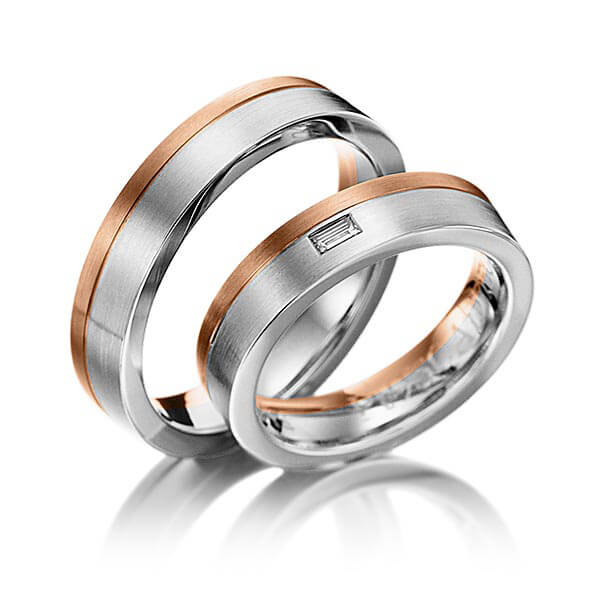 Paar bicolor Trauringe/Eheringe in Rotgold 585 Weissgold 585 mit zus. 0,06 ct. Baguette-Diamant tw, vs von 123GOLD - Y-1034-3 Paar bicolor Trauringe/Eheringe in Rotgold 585 Weissgold 585 mit zus. 0,06 ct. Baguette-Diamant tw, vs von 123GOLD - Y-1034-3