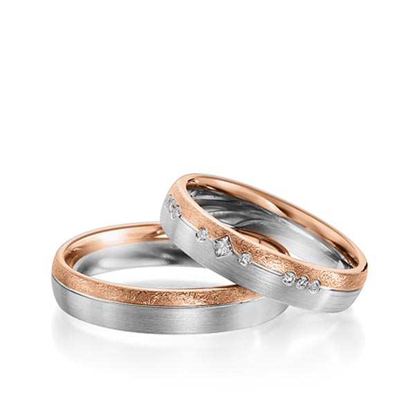 Paar bicolor Trauringe/Eheringe in Rotgold 585 Weißgold 585 mit zus. 0,11 ct. Brillant & Prinzess-Diamant tw, si von Steinberg - Q-1153-8 Paar bicolor Trauringe/Eheringe in Rotgold 585 Weißgold 585 mit zus. 0,11 ct. Brillant & Prinzess-Diamant tw, si von Steinberg - Q-1153-8