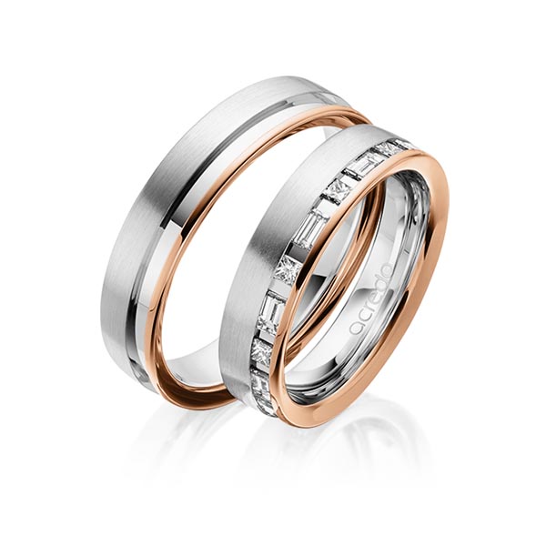 Paar bicolor Trauringe/Eheringe in Rotgold 585 Weißgold 585 mit zus. 0,9 ct. Prinzess-Diamant & Baguette-Diamant tw, si tw, vs von acredo - A-1628-3 Paar bicolor Trauringe/Eheringe in Rotgold 585 Weißgold 585 mit zus. 0,9 ct. Prinzess-Diamant & Baguette-Diamant tw, si tw, vs von acredo - A-1628-3