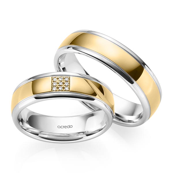 Paar bicolor Trauringe/Eheringe in Weissgold 585 Gelbgold 585 mit zus. 0,045 ct. Brillant tw, si von acredo - S-1233-2 Paar bicolor Trauringe/Eheringe in Weissgold 585 Gelbgold 585 mit zus. 0,045 ct. Brillant tw, si von acredo - S-1233-2