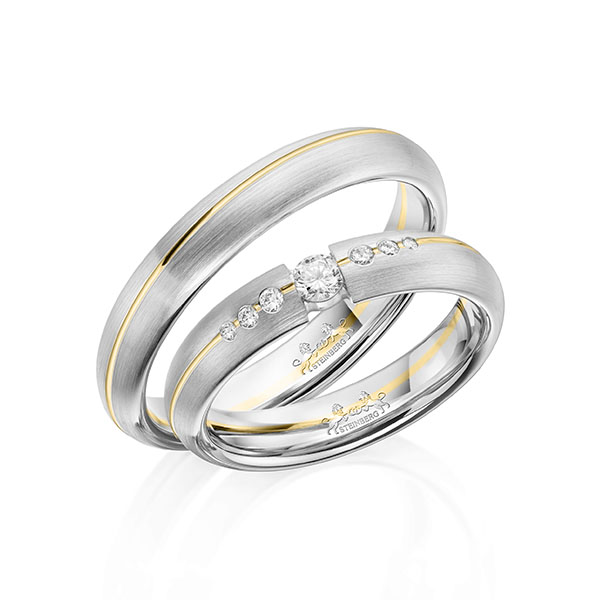Paar bicolor Trauringe/Eheringe in Weißgold 585 Gelbgold 585 mit zus. 0,16 ct. Brillant tw, si von Steinberg - Q-1609-2 Paar bicolor Trauringe/Eheringe in Weißgold 585 Gelbgold 585 mit zus. 0,16 ct. Brillant tw, si von Steinberg - Q-1609-2