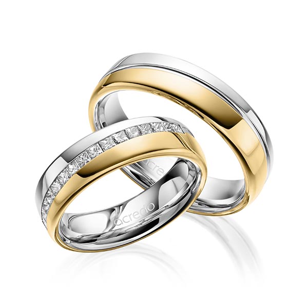 Paar bicolor Trauringe/Eheringe in Weißgold 585 Gelbgold 585 mit zus. 0,48 ct. Prinzess-Diamant tw, vs von acredo - A-1627-1 Paar bicolor Trauringe/Eheringe in Weißgold 585 Gelbgold 585 mit zus. 0,48 ct. Prinzess-Diamant tw, vs von acredo - A-1627-1