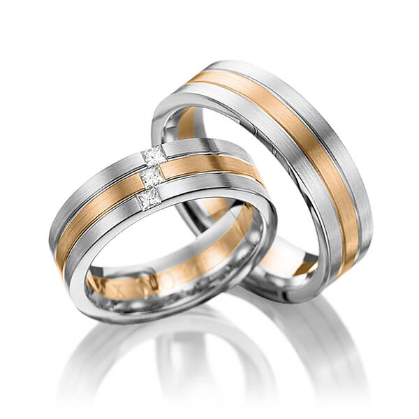 Paar bicolor Trauringe/Eheringe in Weißgold 585 Roségold 585 mit zus. 0,12 ct. Prinzess-Diamant tw, vs von 123GOLD - Y-1094-15 Paar bicolor Trauringe/Eheringe in Weißgold 585 Roségold 585 mit zus. 0,12 ct. Prinzess-Diamant tw, vs von 123GOLD - Y-1094-15