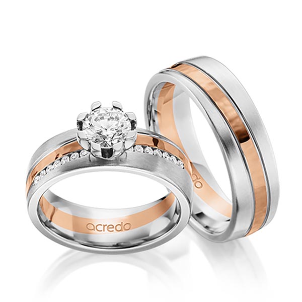 Paar bicolor Trauringe/Eheringe in Weißgold 585 Rotgold 585 , gehämmert Struktur mit 0,7 ct. + zus. 0,14 ct. Brillant tw, vs von acredo - A-1632-8 Paar bicolor Trauringe/Eheringe in Weißgold 585 Rotgold 585 , gehämmert Struktur mit 0,7 ct. + zus. 0,14 ct. Brillant tw, vs von acredo - A-1632-8
