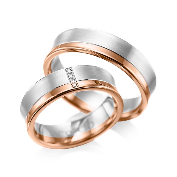 Paar bicolor Trauringe/Eheringe in Weißgold 585 Rotgold 585 mit zus. 0,02 ct. Brillant tw, si von acredo - A-1053-1 Paar bicolor Trauringe/Eheringe in Weißgold 585 Rotgold 585 mit zus. 0,02 ct. Brillant tw, si von acredo - A-1053-1