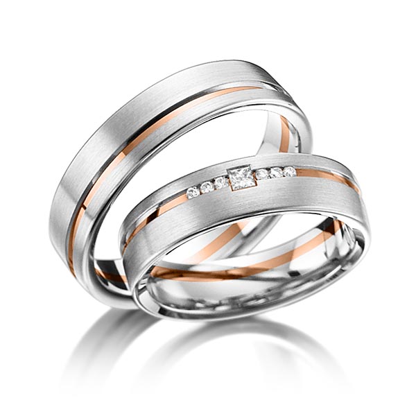 Paar bicolor Trauringe/Eheringe in Weißgold 585 Rotgold 585 mit zus. 0,098 ct. Brillant & Prinzess-Diamant tw, si von acredo - A-6013-1 Paar bicolor Trauringe/Eheringe in Weißgold 585 Rotgold 585 mit zus. 0,098 ct. Brillant & Prinzess-Diamant tw, si von acredo - A-6013-1